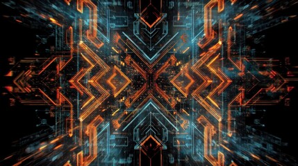 Illustrative technology background image with glowing, futuristic geometric shapes and lines in dark blue and orange tones