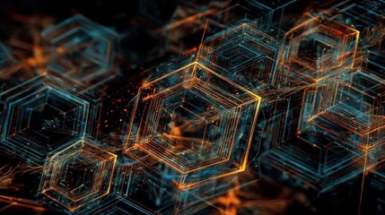 Illustrative technology background image with glowing, futuristic geometric shapes and lines in dark blue and orange tones