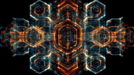 Illustrative technology background image with glowing, futuristic geometric shapes and lines in dark blue and orange tones