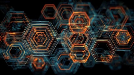 Illustrative technology background image with glowing, futuristic geometric shapes and lines in dark blue and orange tones