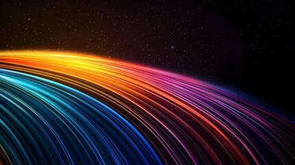 Wall Mural - The image features colorful, curved light streaks against a dark, starry background, resembling a cosmic phenomenon with a gradient from blue to orange hues.
