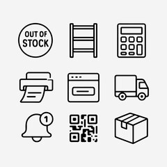 Collection of Ecommerce Icons Depicting Stock Status Shipping and Notifications.