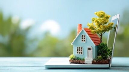 A miniature house with a tree and a chimney on a laptop screen.