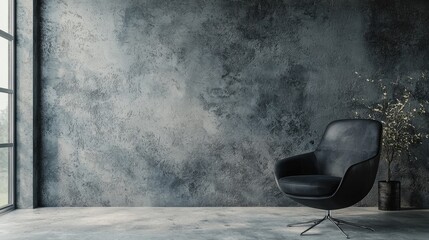 Wall Mural - a black leather armchair with a textured concrete wall and a window in the background.