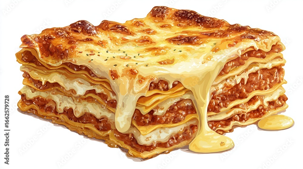 Lasagna with dripping cheese and layers of meat, sauce, and pasta on white