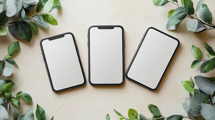 Modern smartphones surrounding the border of a soft cream paper texture, leaving the middle area empty and clean.