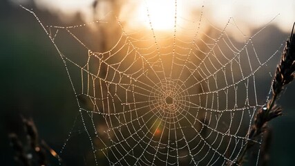 Golden Spider Web Morning Dew Drops Sunlight Nature Beauty
