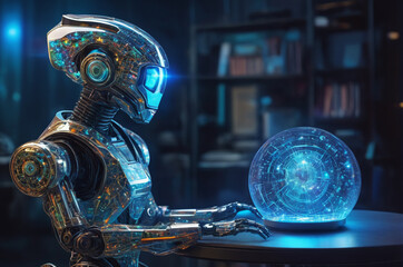 Wall Mural - AI Robot with Futuristic Holographic Sphere. Generative AI.
