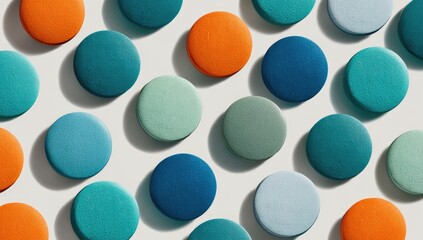 Colorful circular objects arranged in a grid pattern on a light background.  Shadows highlight the shapes