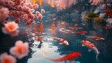 A serene Japanese garden pond with vibrant koi fish swimming among fallen cherry blossoms and a soft, ethereal background.