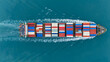 © Yellow Boat - Aerial of cargo ship carrying container and running verry fast for export cargo from cargo yard port to other ocean concept smart freight shipping ship top view