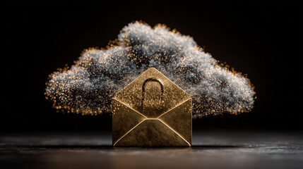 Golden envelope icon with cloud background on a dark reflective surface