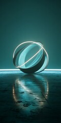 Wall Mural - a glowing sphere with rings around it reflects on a dark surface, creating a futuristic and abstract