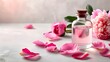 © Pixelpoint - Spa and wellness setup, featuring aromatic rose water along with peony and rose petals on a soft backdrop, salon invite and promo, aromatherapy and skincare.