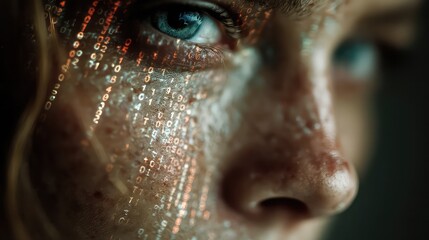Intense digital gaze into the future of technology and humanity, with data streams reflecting on skin, capturing the essence of innovation and connection