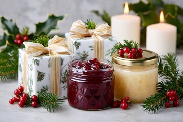 Wall Mural - christmas gifts, cranberry sauce and honey decorating a table with candles and fir branches