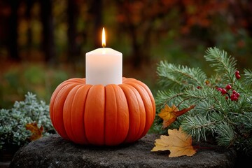 Wall Mural - burning candle illuminating carved pumpkin and autumn leaves during thanksgiving