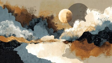 Wall Mural - A captivating surreal landscape featuring a glowing moon amidst a sky of dramatic ethereal clouds and towering silhouetted mountains creating a serene and mystical atmosphere