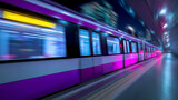High-speed subway train in motion with glowing pink and blue lights in modern tunnel.