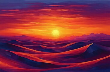 Wall Mural - Vibrant sunset over rolling desert dunes with a bright sun and dramatic orange and purple sky creating an atmosphere of warmth and serenity