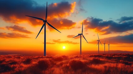 Wall Mural - Row of wind turbines standing tall over a grassy hill during vibrant sunset with dramatic clouds and glowing sky
