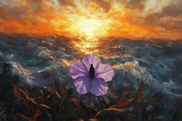 Wall Mural - Silhouette of a person standing inside a large purple flower overlooking a dramatic ocean sunset with waves and glowing sky