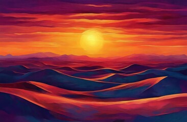 Wall Mural - Vivid sunset over rolling desert dunes with vibrant purple and orange sky creating a serene and warm atmosphere