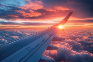 Wall Mural - A view from an airplane window showing the wing amidst vibrant clouds illuminated by the warm golden light of a dramatic sunset