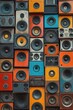 © dgete - A colorful wall composed of various vintage speaker boxes in worn red, blue, orange, yellow, and black colors creating a vibrant, retro sound system collage