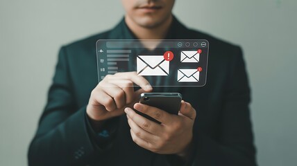 Businessman using smartphone checking email with notification alert on screen