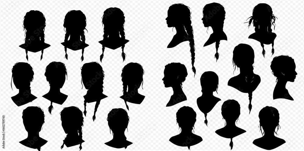 Diverse black silhouette illustrations of female heads and hairstyles ...