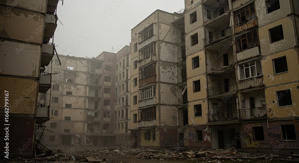 Devastated apartment buildings stand amidst aftermath of destruction ...