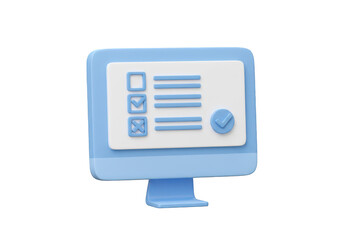 3d render of a blue computer screen displaying a checklist and data, isolated on transparent background