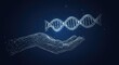 © Shaheen  - Abstract holographic DNA helix held in a digital hand on blue background, symbolizing medical and science concepts in futuristic low-poly wireframe style.