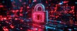 © Olya - Digital padlock glowing in red and blue neon lights on a surface filled with circuit-like patterns symbolizing cybersecurity and data protection