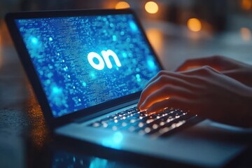 Person working on a laptop with blue glowing code and the word 'on' displayed on the screen in a dimly lit environment with warm bokeh lights in the background