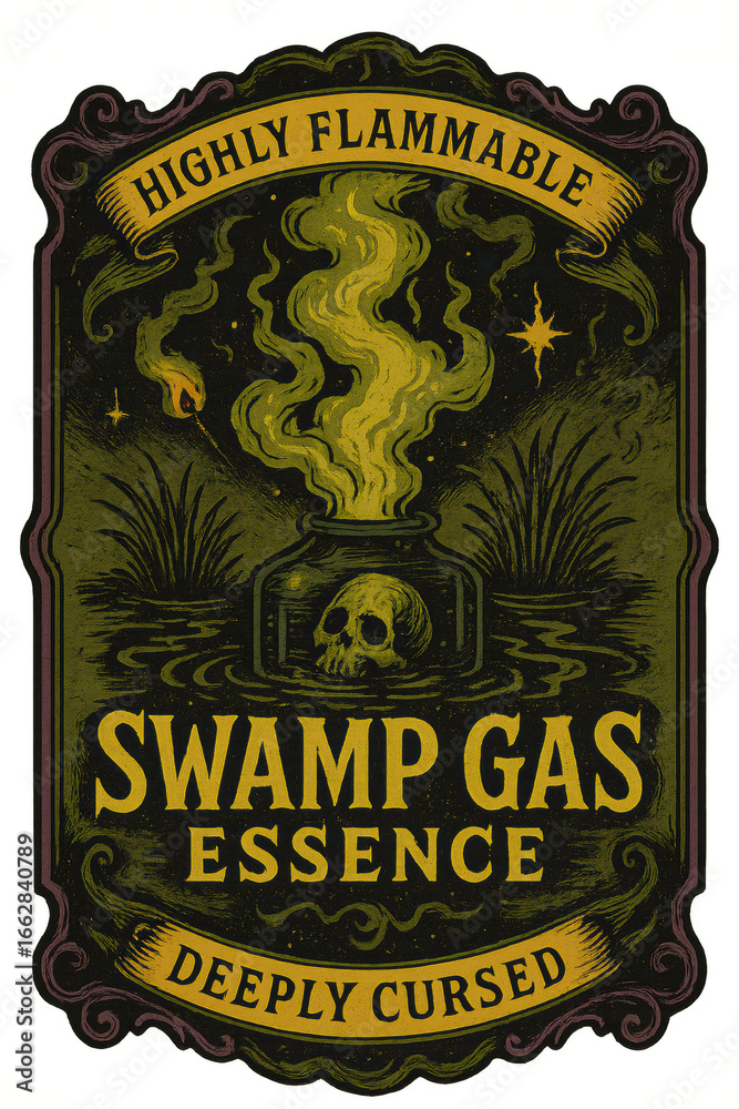 vintage apothecary potion label illustration of swamp gas rising from ...
