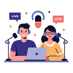 Two podcasters are recording a live show isolated on white background, using microphones and a laptop