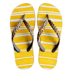 A pair of bright yellow and white striped flip flops with braided straps isolated on a white or transparent background