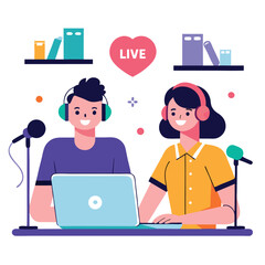 Live streaming with man and woman using laptops and microphones isolated on white background