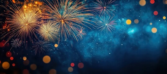 Bright golden and colorful fireworks exploding in a dark night sky with scattered bokeh lights creating a festive atmosphere