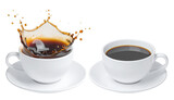White 3d coffee cup. Americano splash and drops. Realistic render cute cups with plate or saucer. 