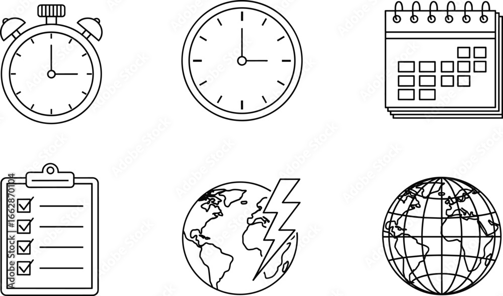 Time, scheduling, and global issue icon set featuring clocks, calendars ...