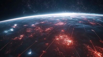 Wall Mural - Aerial view of earth with glowing lights and network connections