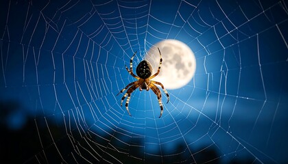 Spider in a web at night under a full moon