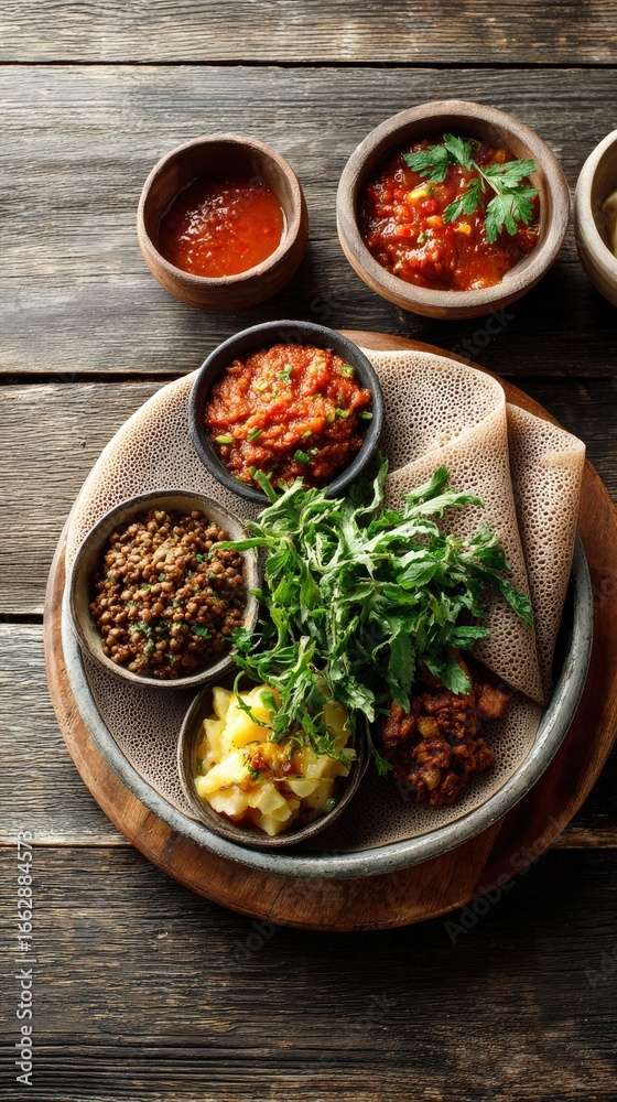 Injera Bread With Various Wot And Sauces Creating A Colorful Ethiopian injera-bread-with-various-wot-and-sauces-creating-a-colorful-ethiopian