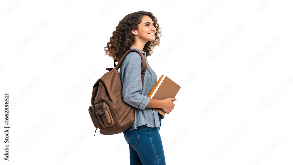 young beautiful college student with backpack and holding a book ...