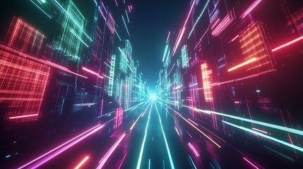 Wall Mural - Neon city street with glowing lines and buildings in perspective