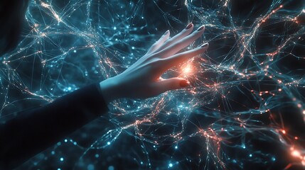 Wall Mural - a hand interacting with a glowing network of interconnected lines