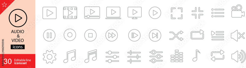 Audio and Video Line Icons. Set of 30 outline icons including audio ...